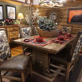 Cornerstone Wood - Amish - Rustic Plank Trestle Table & Side Chairs