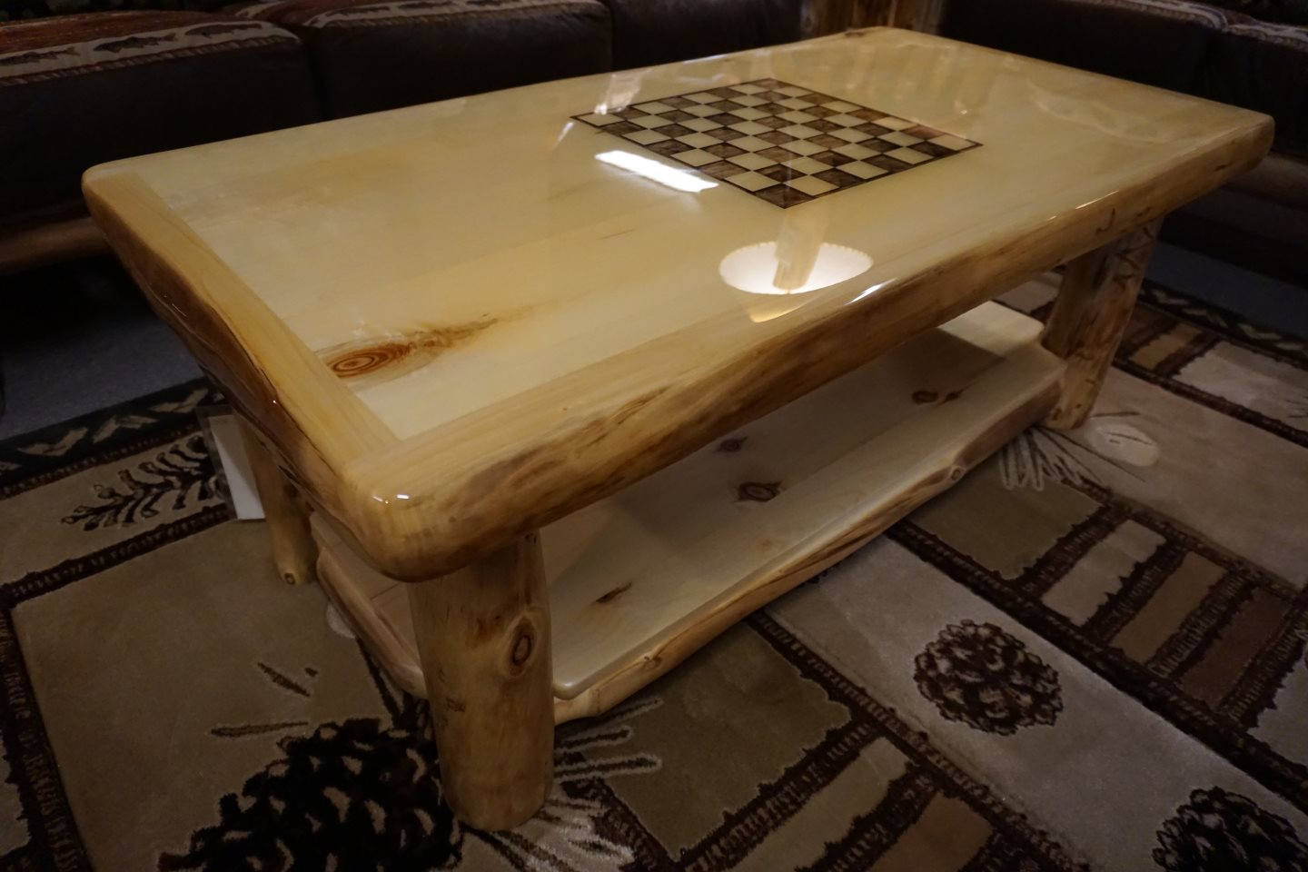 Rustic Log - Engraved Checkerboard Coffee Table w/Liquid Glass Top