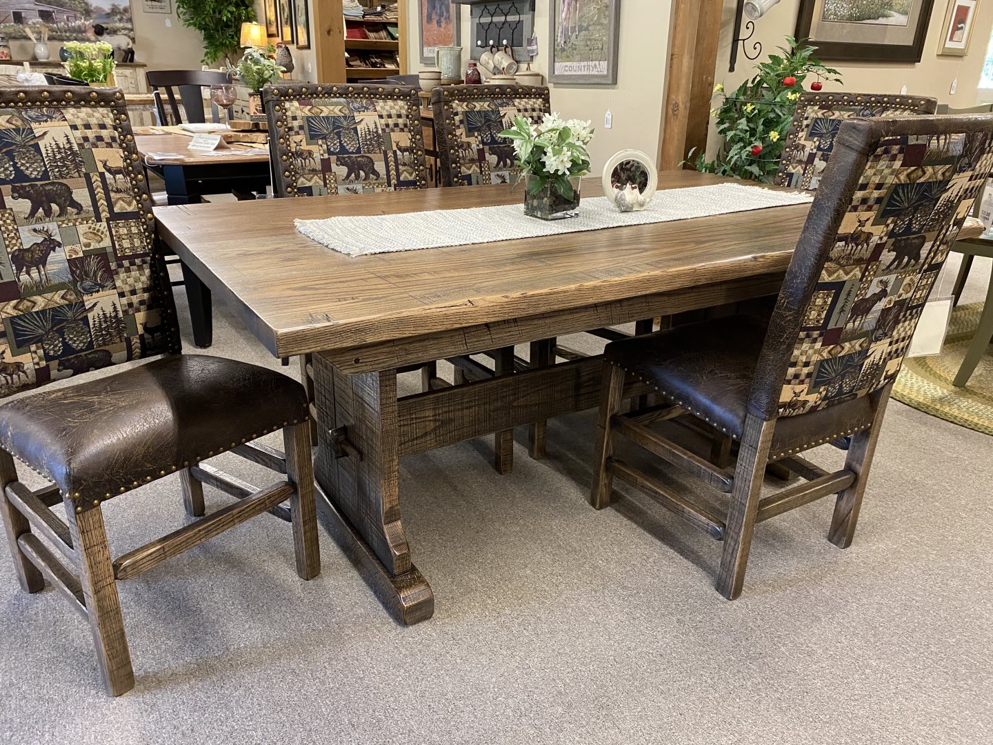 Cornerstone Wood - Amish - Rustic Plank Trestle Table & Side Chairs
