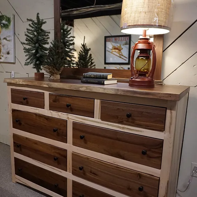 Amish - Hogback Woodworking - Live Edge Walnut & Wormy Maple Dresser & Mirror
